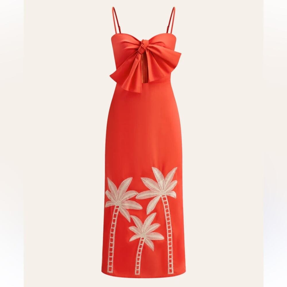 COMMENSE NWTs Embroidered Bow Detail Red Cami Midi Dress size small